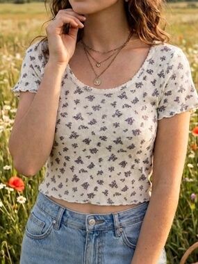 NWT Sage + Stone Top Waffle Knit Crop Juniors Sz L Ditsy Floral Boho Cottagecore